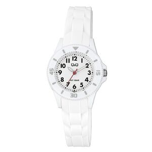 Аналогов детски часовник Q&Q, бял пластмасов корпус, бяла пластмасова каишка, бял циферблат с арабски цифри, минерално стъкло, кварцов механизъм, 100 m (10 ATM) водоустойчивост - VS66J002Y