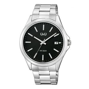 Męski zegarek kwarcowy Q&Q A484J202Y ze srebrną bransoletą ze stali nierdzewnej i czarną tarczą - Dla mężczyzn