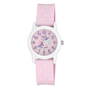 Ceas pentru copii Q&Q VR99J013Y cu curea roz cu model de stele și cadran cu unicorn - Modă și îmbrăcăminte