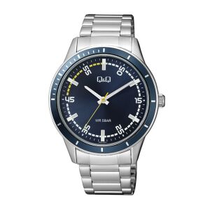 Q&Q Q09A-002PY męski zegarek kwarcowy ze srebrną bransoletą ze stali nierdzewnej i ciemnoniebieską tarczą - Dla mężczyzn