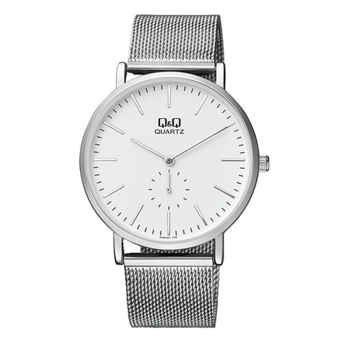 Q&Q QA96J201Y Herrenuhr mit silbernem Mesh-Armband und weiu00dfem Zifferblatt