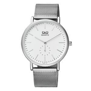 Mu0119ski zegarek Q&Q QA96J201Y ze srebrnu0105 bransoletu0105 typu mesh i biau0142u0105 tarczu0105 - Dla mężczyzn