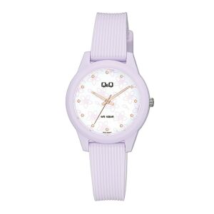 Ceas de damă Q&Q V01A-004VY, quartz, carcasă mov și cadran floral - Accesorii pentru femei