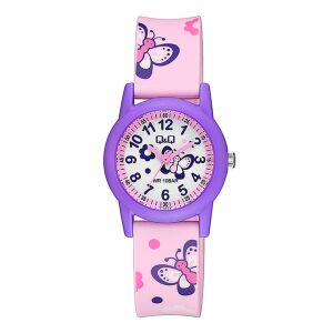 Q&Q gyerek karóra, quartz, lila színű műanyag tok, fehér figurás számlap, rózsaszínű figurás műanyag szíj, V22A-009VY 130734108 - Gyerek óra