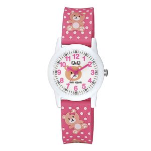 Q&Q gyerek karóra, quartz, fehér színű műanyag tok, fehér figurás számlap, rózsaszínű figurás műanyag szíj, V22A-012VY 130734110 - Gyerek óra