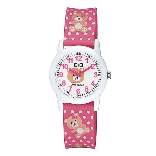 Q&Q gyerek karóra, quartz, fehér színű műanyag tok, fehér figurás számlap, rózsaszínű figurás műanyag szíj, V22A-012VY 130734110