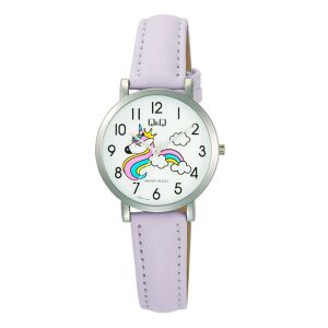 Q&Q gyerek karóra, quartz, ezüst színű fémtok, fehér színű számlap, ciklámen színű műbőrszíj,  Q58A-012PY 130734298 - Gyerek óra