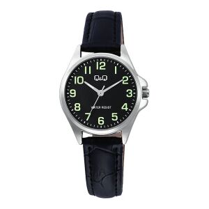 Q&Q női karóra, quartz, ezüst színű fémtok, fekete színű bőrszíj, fekete színű számlap, C37A-014PY 130734384 - Női óra