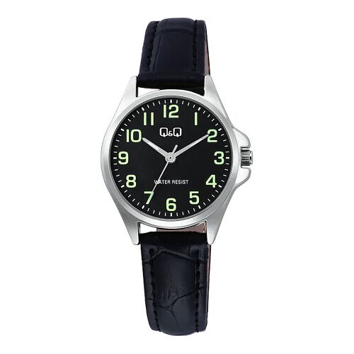 Q&Q női karóra, quartz, ezüst színű fémtok, fekete színű bőrszíj, fekete színű számlap, C37A-014PY 130734384