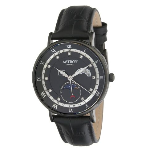 ASTRON 5509-1 férfi karóra, multifunkciós, fekete színű nemesacél tok, fekete bőrszíj, fekete számlap, zafír, quartz szerkezet, cseppmentes vízállóság 130734628