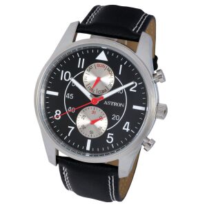 ASTRON 5534-1 férfi karóra, multifunkciós, ezüst színű nemesacél tok, fekete bőrszíj, fekete számlap, keményített ásványüveg, quartz szerkezet, 50 m (5 ATM) vízállóság 130734697 - Astron