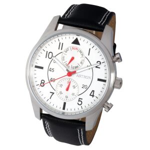 ASTRON 5534-7 férfi karóra, multifunkciós, ezüst színű nemesacél tok, fekete bőrszíj, fehér számlap, keményített ásványüveg, quartz szerkezet, 50 m (5 ATM) vízállóság 130734698 - Astron