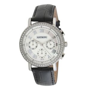 ASTRON 5540-7 divatos női karóra, chronograph, ezüst színű nemesacél tok, fekete bőrszíj, fehér számlap, keményített ásványüveg, quartz szerkezet, cseppmentes vízállóság 130734715 - Astron