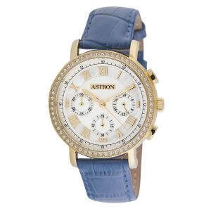 ASTRON 5540-9 divatos női karóra, chronograph, arany színű nemesacél tok, kék bőrszíj, fehér számlap, keményített ásványüveg, quartz szerkezet, cseppmentes vízállóság 130734716 - Astron