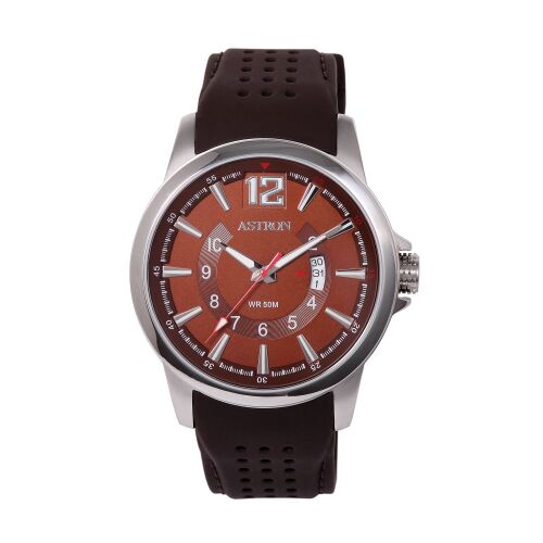 ASTRON 5555-5 férfi karóra, ezüst színű nemesacél tok, barna szilikon szíj, barna számlap, keményített ásványüveg, quartz szerkezet, 50 m (5 ATM) vízállóság 130734760