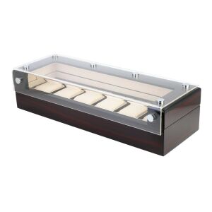 Óra tartó doboz, 6 rekeszes, lakkozott mahagóni külső, bézs színű műbőr belső 130736407 - Óraforgató & óratartó doboz