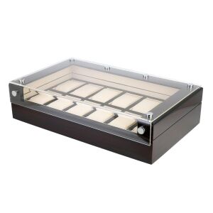 Óra tartó doboz, 12 rekeszes, lakkozott mahagóni külső, bézs színű műbőr belső 130736410 - Óraforgató & óratartó doboz