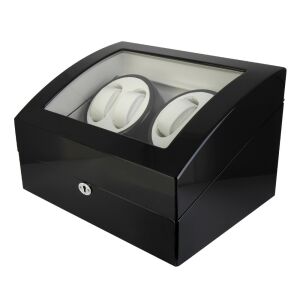 Óraforgató doboz, 4 db + 6 db órához, kívül fekete fa magasfényű felület, belül fehér műbőr borítás 130736471 - Óraforgató & óratartó doboz