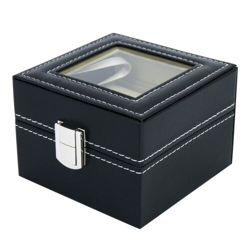 Óratartó doboz, 2 rekeszes, kívül fekete műbőr borítás, belül krém színű textil