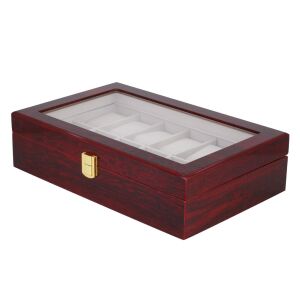 Óratartó doboz, 12 rekeszes, kívűl barna festett felületű, belűl fehér textil 130736497 - Óraforgató & óratartó doboz