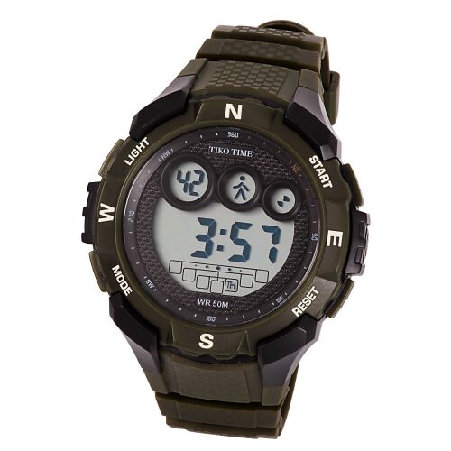 Tiko Time férfi műanyag karóra, quartz, zöld és fekete színű tok és csat, LCD számlap 130738765