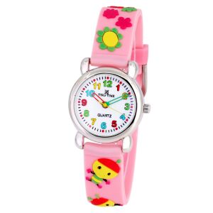 Tiko Time karóra gyerekeknek, ezüst színű fémtok, quartz szerkezet, 3D figurás szíj rózsaszín alapon virágok, cseppmentes vízállóság 130738809 - Tiko Time