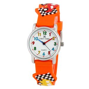 Tiko Time karóra gyerekeknek, ezüst színű fémtok, quartz szerkezet, 3D figurás narancssárga műanyag szíj, fehér arab számos számlap, cseppmentes vízállóság 130738834 - Tiko Time