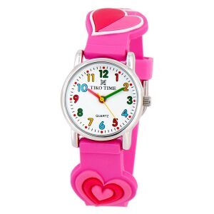 Tiko Time karóra gyerekeknek, ezüst színű fémtok, quartz szerkezet, 3D figurás rózsaszínű műanyag szíj, fehér arab számos számlap, cseppmentes vízállóság (szivecskés) 130738836 - Tiko Time