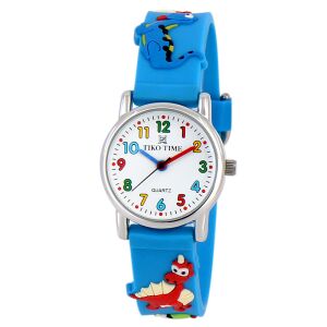Tiko Time karóra gyerekeknek, ezüst színű fémtok, quartz szerkezet, 3D figurás kék műanyag szíj, fehér arab számos számlap, cseppmentes vízállóság 130738843 - Tiko Time