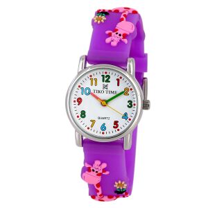Tiko Time karóra gyerekeknek, ezüst színű fémtok, quartz szerkezet, 3D figurás lila műanyag szíj, fehér arab számos számlap, cseppmentes vízállóság 130738846 - Tiko Time