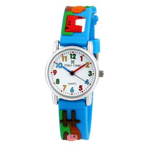 Tiko Time karóra gyerekeknek, ezüst színű fémtok, fehér arab számos számlap, quartz szerkezet, 3D figurás műanyag szíj, cseppmentes vízállóság 130738849 - Tiko Time