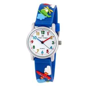 Tiko Time karóra gyerekeknek, ezüst színű fémtok, quartz szerkezet, 3D figurás kék műanyag szíj, fehér arab számos számlap, cseppmentes vízállóság 130738853 - Tiko Time