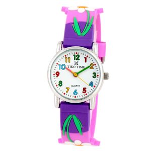 Tiko Time karóra gyerekeknek, ezüst színű fémtok, quartz szerkezet, 3D figurás lila színű műanyag szíj, fehér arab számos számlap, cseppmentes vízállóság 130738868 - Tiko Time