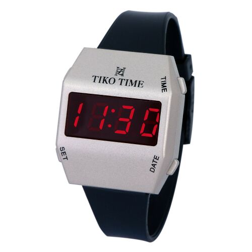 Tiko Time férfi karóra, LED-es, ezüst színű műanyag tok, fekete színű műanyag szíj, quartz szerkezet, cseppmentes vízállóság 130738880