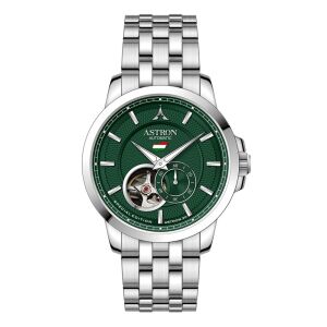 ASTRON 8060-3 sorszámozott automata férfi karóra, ezüst nemesacél tok, ezüst nemesacél csat, zöld számlap, zafír üveg, mechanikus automata szerkezet, WR50M vízállóság 130739244 - Astron