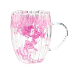 Różowy kubek z płatkami róż, podwójne ścianki, szkło borokrzemianowe, 300 ml, SZK157