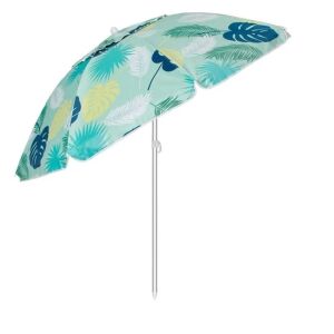Wiatroodporny parasol plażowy z motywem tropikalnych liści, UPF 50+, zielony - Osłona przeciwsłoneczna