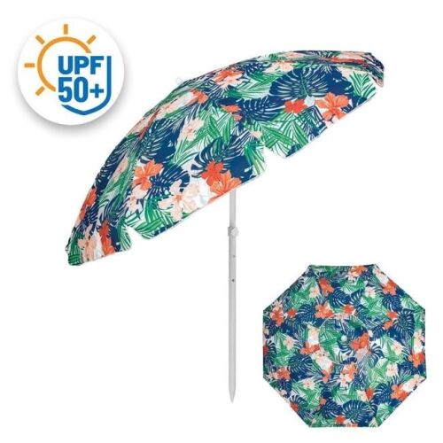 Plážový slnečník Tengerparti esernyő Anti Wind Umbrella s tropickým kvetinovým vzorom a ochranou UPF 50+