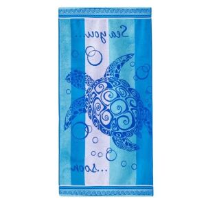 Modro-biely bavlnený plážový uterák s korytnačím vzorom a textom 'Sea you Soon', 150x75cm - Welora