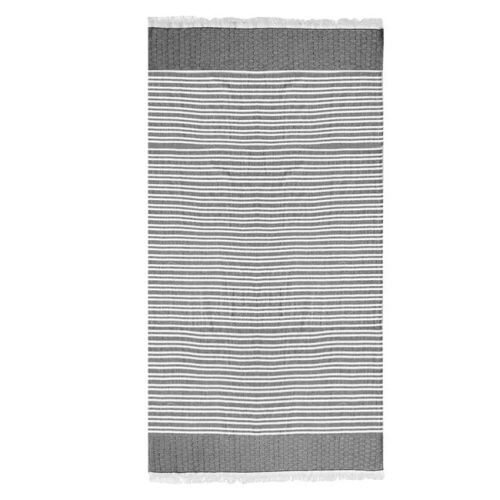 Prosop de plajă Hamam gri și alb cu franjuri, 180x100cm.