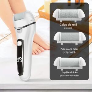 Pila electrica set 10 bucati pentru talpi si calcaie Arvada® DrSkin V-601, Display Digital, Led, Acumulator 1200 mAh, Incarcare USB, Impermeabil, 3 role, 2000 rpm, Accesorii incluse, Indepart