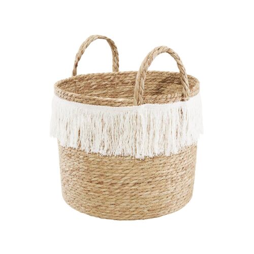 Ambition Boho Kosár fülekkel és rojtokkal - 36x32 cm, szőtt tengerifű tárolókosár - Háztartási kellék