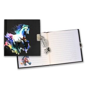 Lovas napló kulccsal, 13x13cm, szivárványos ló fekete háttérrel 130795762 - Napló