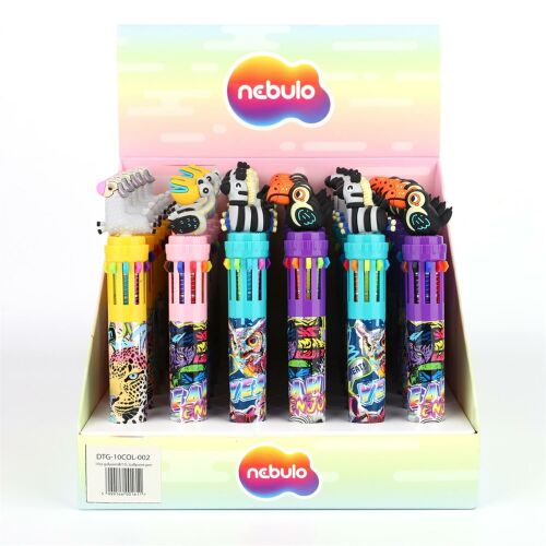 Nebulo Safari 10 színű golyóstoll készlet, állatfigurás