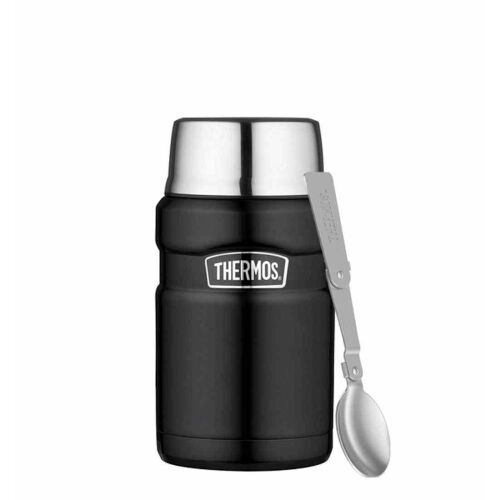 Thermos Termosz élelmiszerekhez, összecsukható kanállal és bögrével, rozsdamentes acél, matt fekete, 710 ml