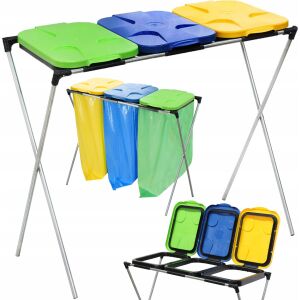 Stojak-kosz 3-fach Müllsackhalter zur Mülltrennung, gelbe, blaue und grüne Deckel - Müllsäcke