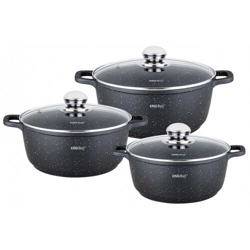 Kinghoff KH-1606 Marmor Kochtopfset - 3-teiliges Antihaft-Topfset mit Glasdeckeln