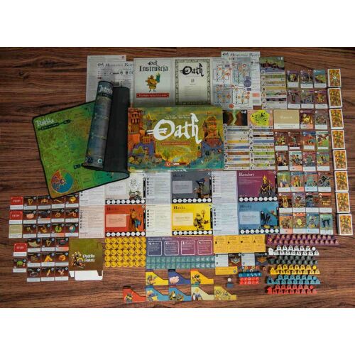 Oath Kroniki władzy i banicji társasjáték kicsomagolva, minden alkatrész