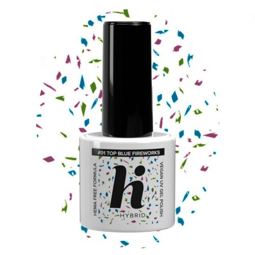 Hi Hybrid HEMA Free Top No Wipe #01 Blue Fireworks 5ml, top do lakieru hybrydowego z niebieskimi, różowymi i zielonymi płatkami brokatu