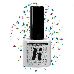 Hi Hybrid HEMA Free Top No Wipe #01 Blue Fireworks 5ml, gél lakk fedőlakk kék, rózsaszín és zöld csillámokkal - Hi Hybrid